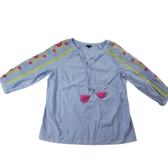 Talbots Tops - Talbots Blue Cotton Embroidered 3/4 Sleeve Popover Boho Tassel Top Size L
